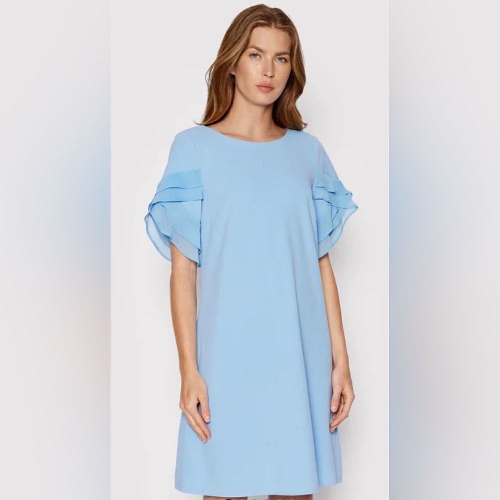 DKNY Light Blue Short Sleeve Chiffon Trim Shift Dress New‎ Size 4